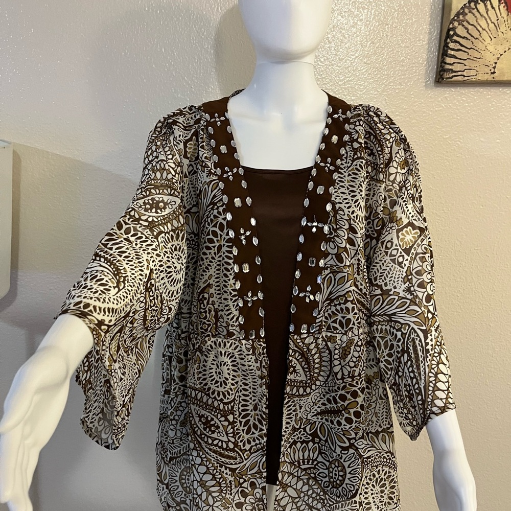 Brown and White Patterned Kimono Cardigan